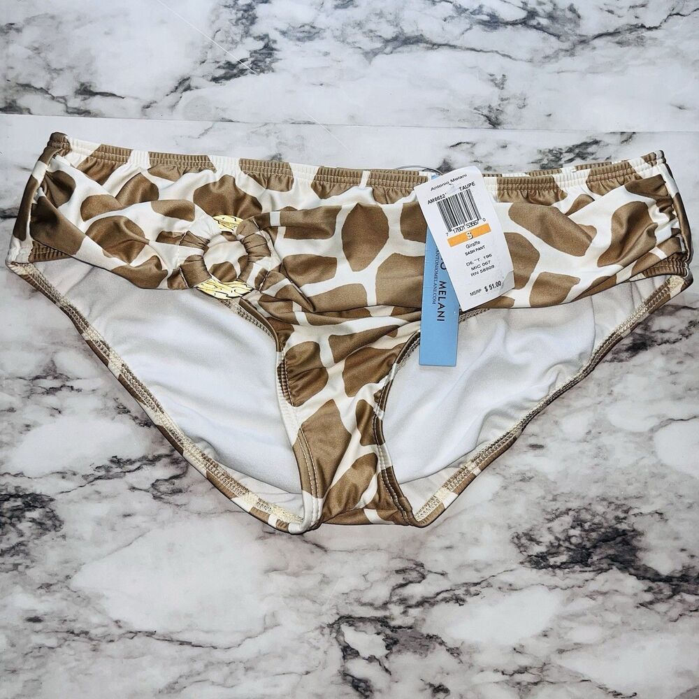 NWT Antonio Melani Taupe Giraffe Print Sash Gold Buckle Bikini Bottom Women Sm